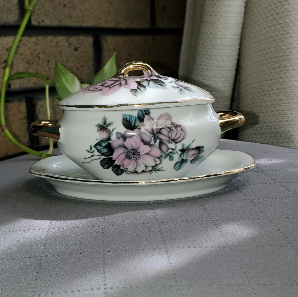 Floral Gravy Server with Gold Accents